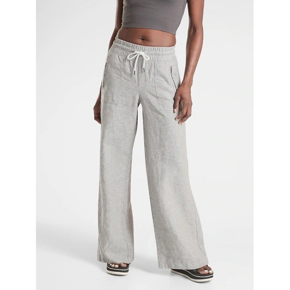 Athleta Size 12 White Cabo Linen Wide Leg Flare Zip Pocket Mid Rise Pants S27